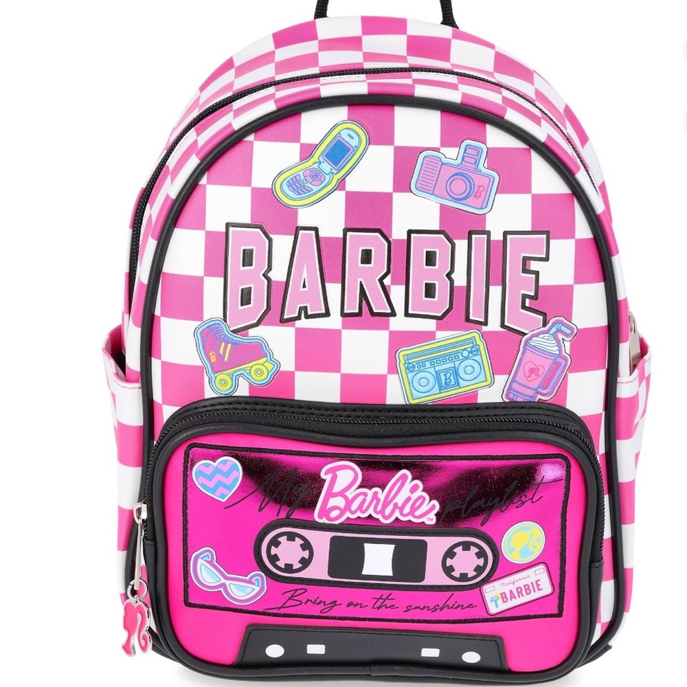 Barbie Pink White Checkerboard Kids Backpack with Cassette Pocket